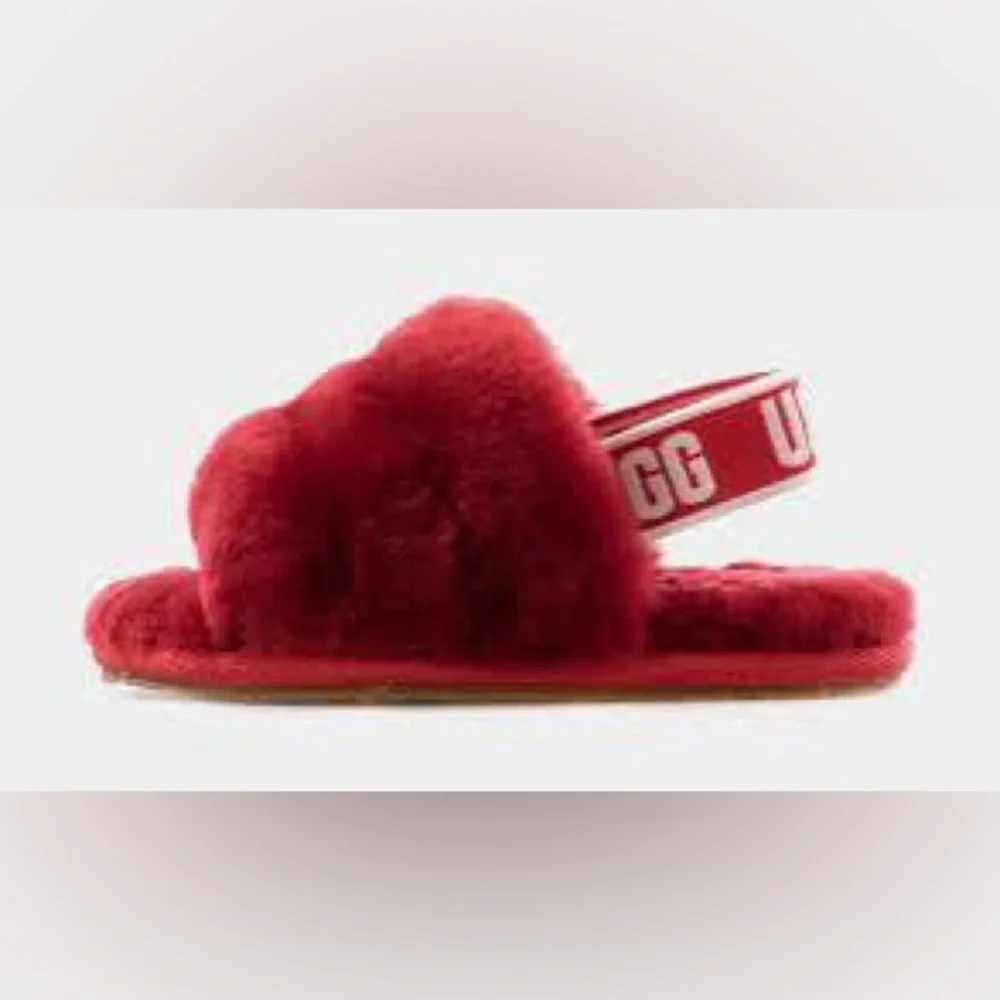 NEW!! Girls UGG Fluff Yeah Red Shearling Slide Slippers Size 11M